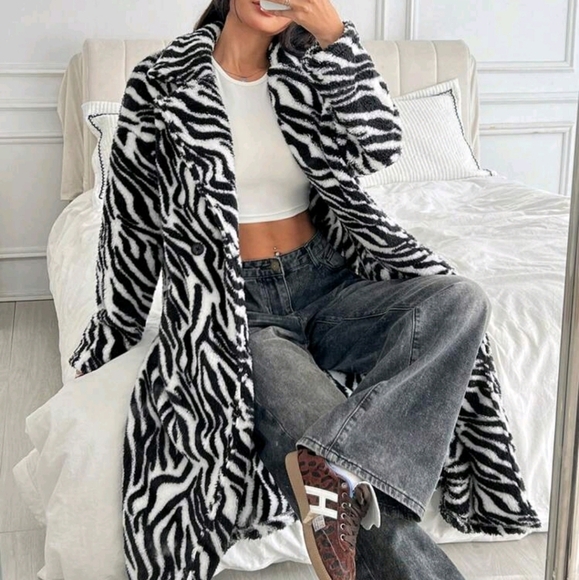 Jackets & Blazers - Women's Zebra Print Fluffy Long Coat